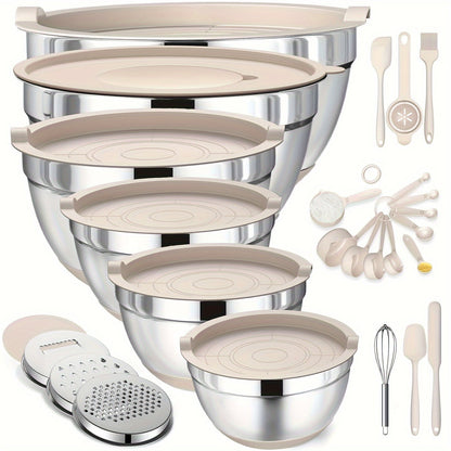 Nested Mixing Bowl Set with Khaki, Black or Mixed-Color Lids, Grater Inserts and Prep Tools