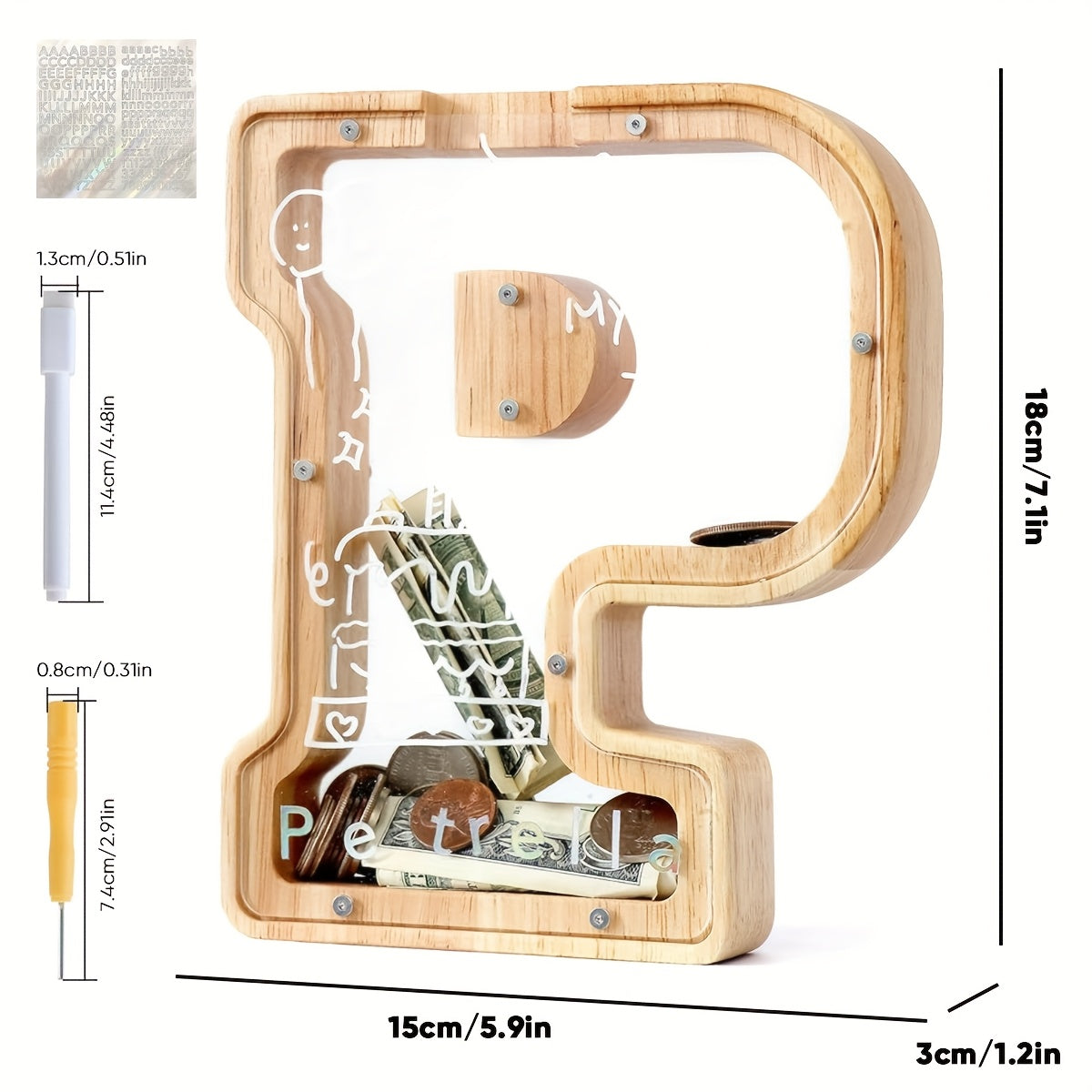 Alphabet Wooden Money Bank for Adults A to Z Letter Piggy Bank – Personalized Coin Bank Home Decor Craft Art Decoration