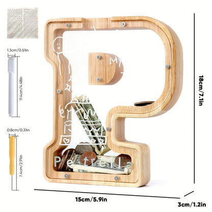 Alphabet Wooden Money Bank for Adults A to Z Letter Piggy Bank – Personalized Coin Bank Home Decor Craft Art Decoration