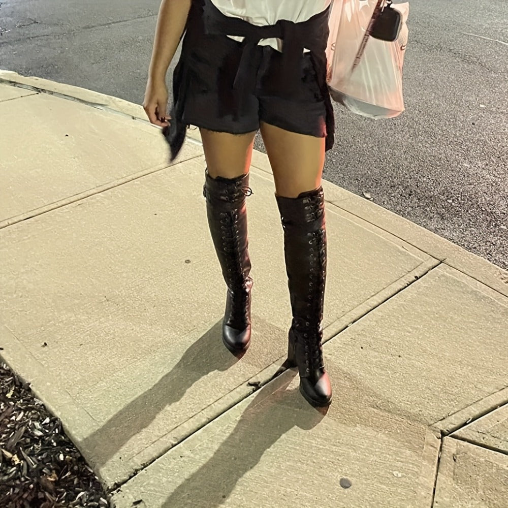 Women's Over-the-Knee Biker Boots, Faux Leather Thigh High Lace-Up Knee High Boots with Chunky Heel & Buckle