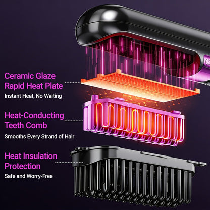 Ionic Hair Straightener Brush USB-C Rechargeable 3-in-1 Straightener Curler Styler, Adjustable Temperature