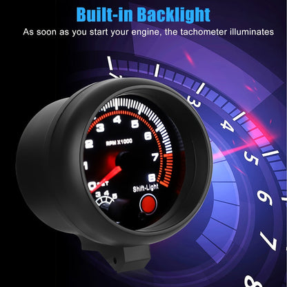 Car Tachometer Gauge 12V 0-8000 RPM 3.75 Inch – LED Shift Light, ABS Black Dial for 4 6 8 Cylinder Petrol Engines