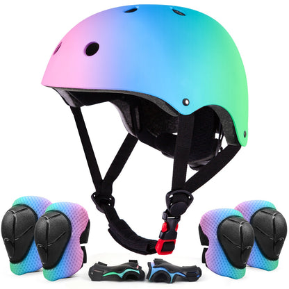 Kids Gradient Color Bike Helmet & Gear Set for Ages 5+ Boys Girls Helmet Knee Elbow Pads for Cycling Skating Scooter Sports Safety Gift