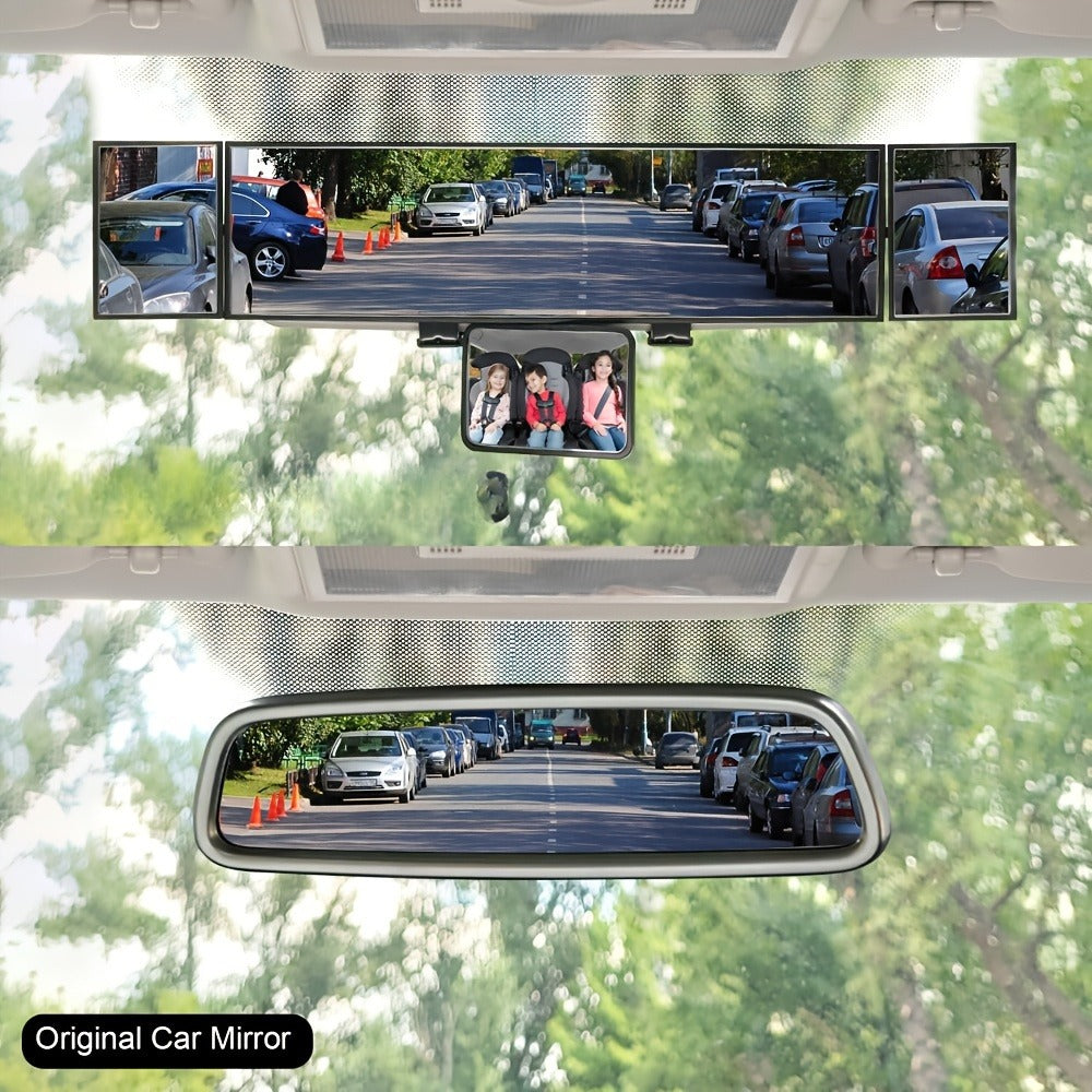 Interior Rearview Mirror 13 Inch – Quadruple-Fold Adjustable Wide Angle Car Mirror with 360° Swivel, Flat Lens