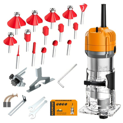 Wood Router 800W 35000 RPM Compact Electric Router Tool, 15-Piece 1/4" Bit Set for DIY Woodworking