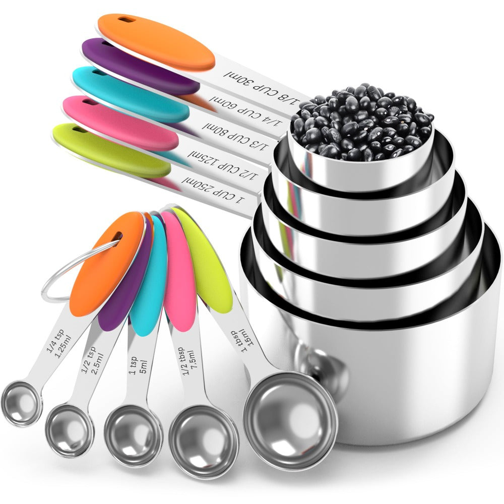 Stainless Steel Measuring Cups and Spoons Set 5pcs with Silicone Handle – Baking & Cooking Kitchen Measurement Tools