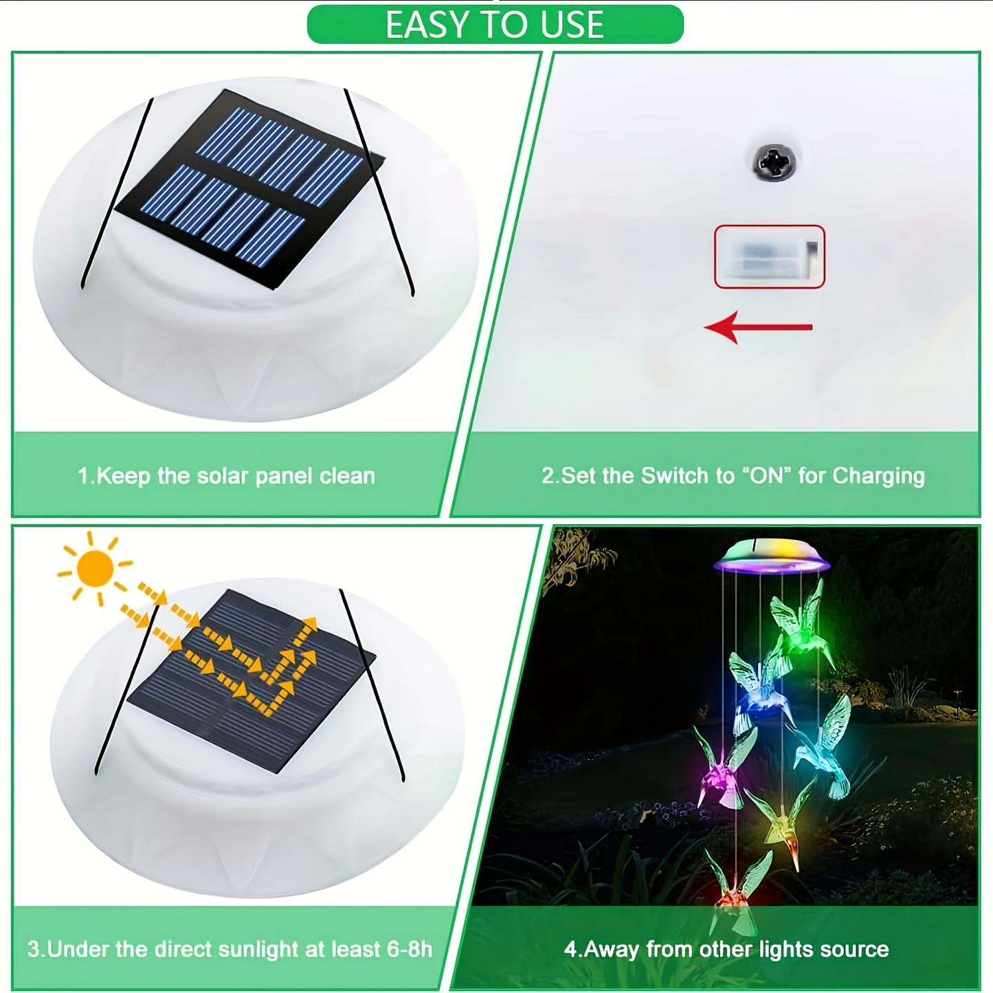 Solar Hummingbird Butterfly Pendant Light 6 LED Color, for Garden, Pathway and Patio Lighting