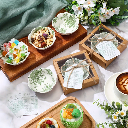 Wedding Favors for Guests 80 Pack Small Ceramic Bowls Bulk Set | 3.3 Inch Green Verdure Mini Dipping Bowl Sauce Dish with Cards & Box