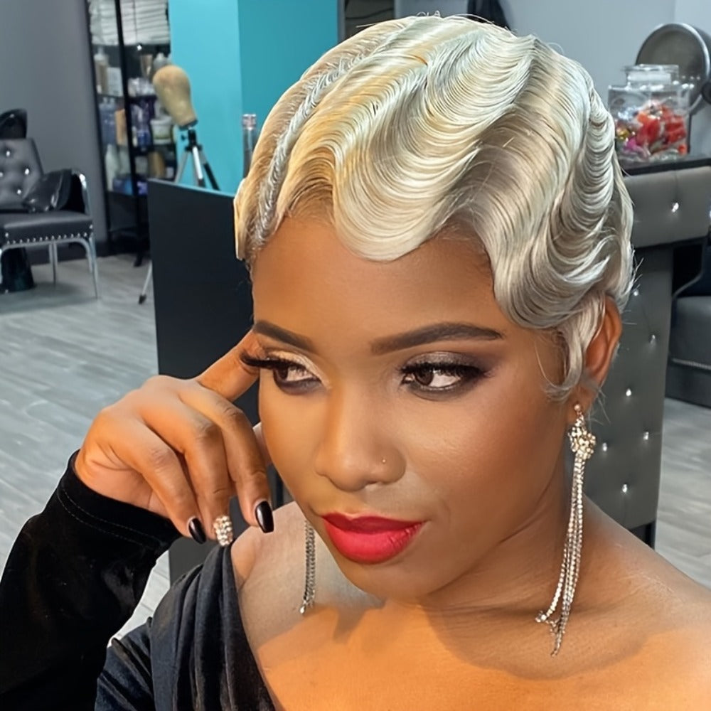 4-Inch Finger Wave Pixie Human Hair Wig with 180% Density, Rose Net Cap and 1B or 613 Color