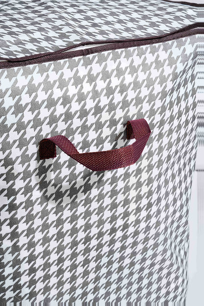 Four-Piece Houndstooth Fabric Storage Box Set with Handles, Double Zippers and Black-and-White Pattern