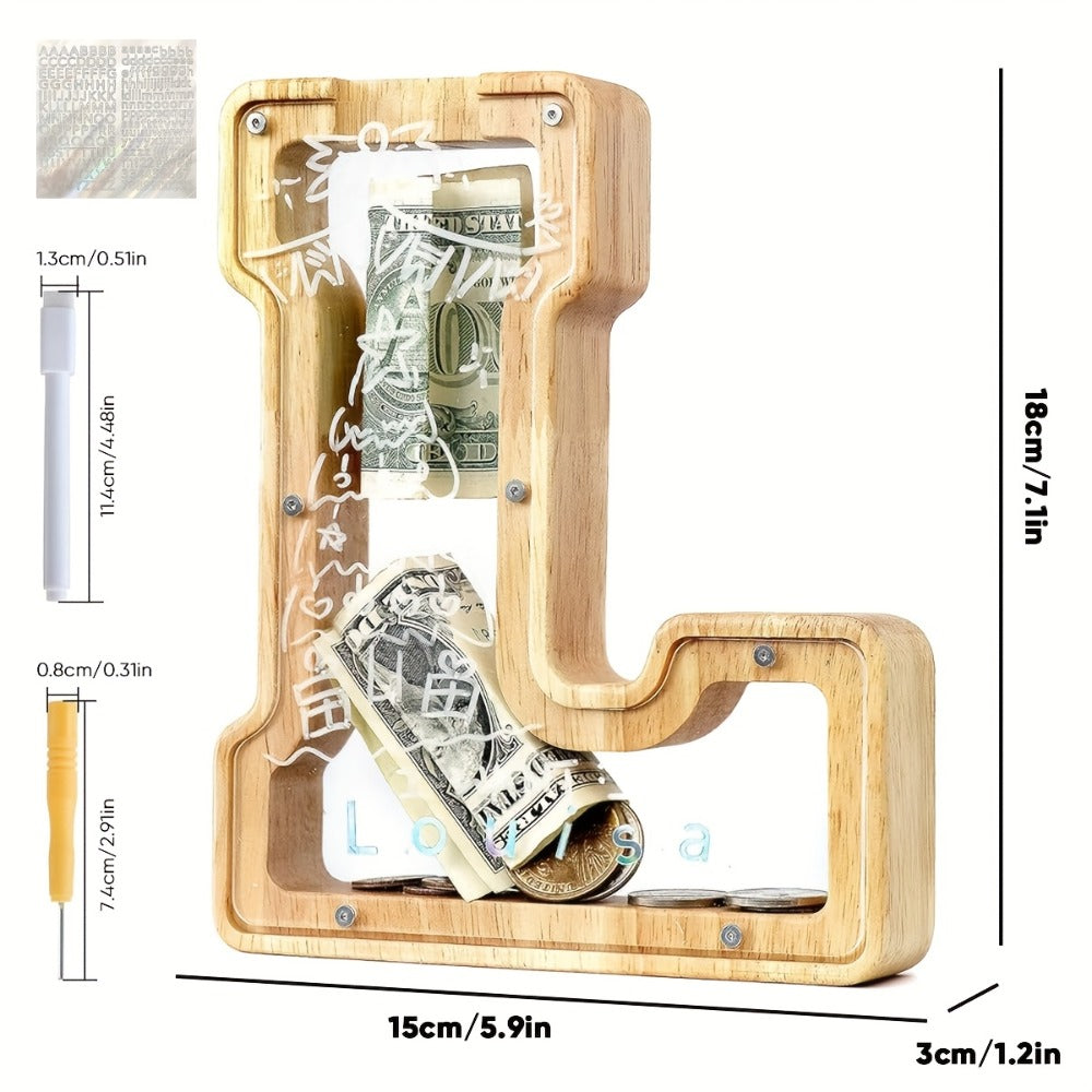 Alphabet Wooden Money Bank for Adults A to Z Letter Piggy Bank – Personalized Coin Bank Home Decor Craft Art Decoration