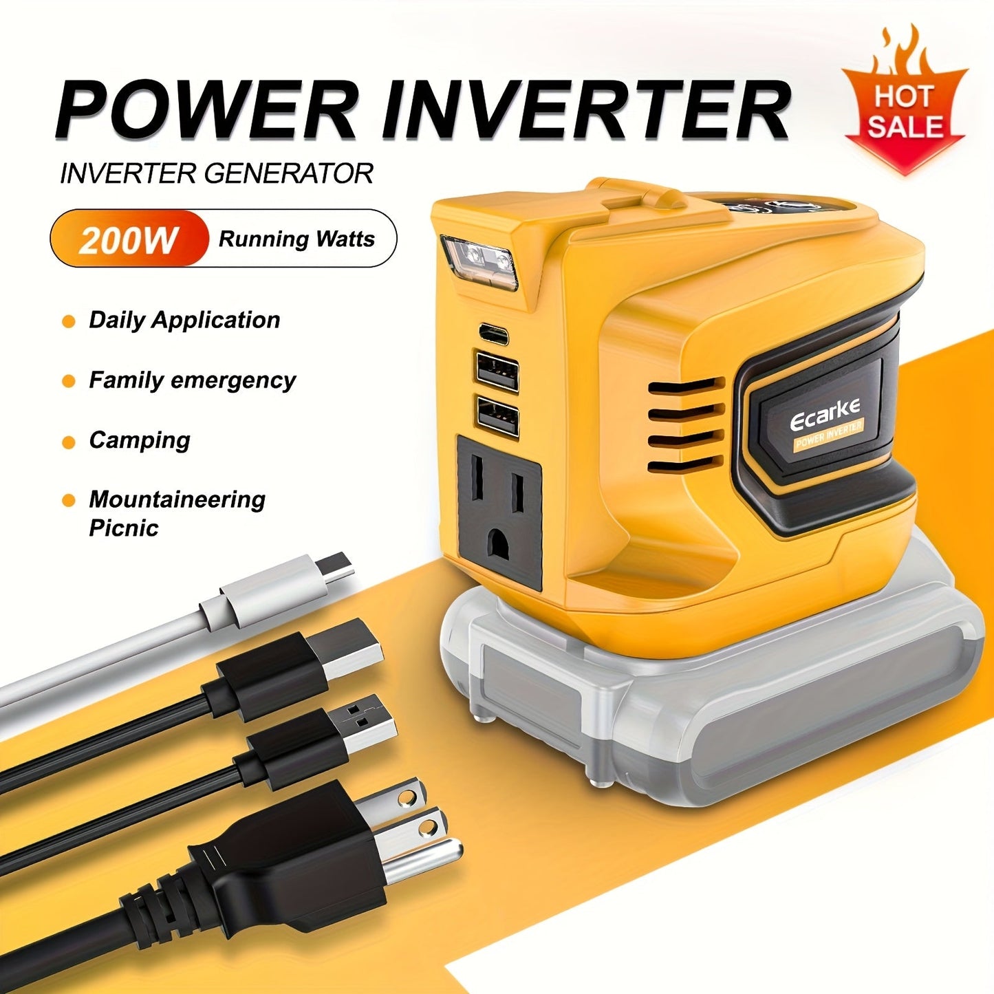 Battery Inverter for Dewalt 20V & 18V - 200W/350W/550W DC to AC 110V, USB, Type-C & AC Outlet, LED Work Light
