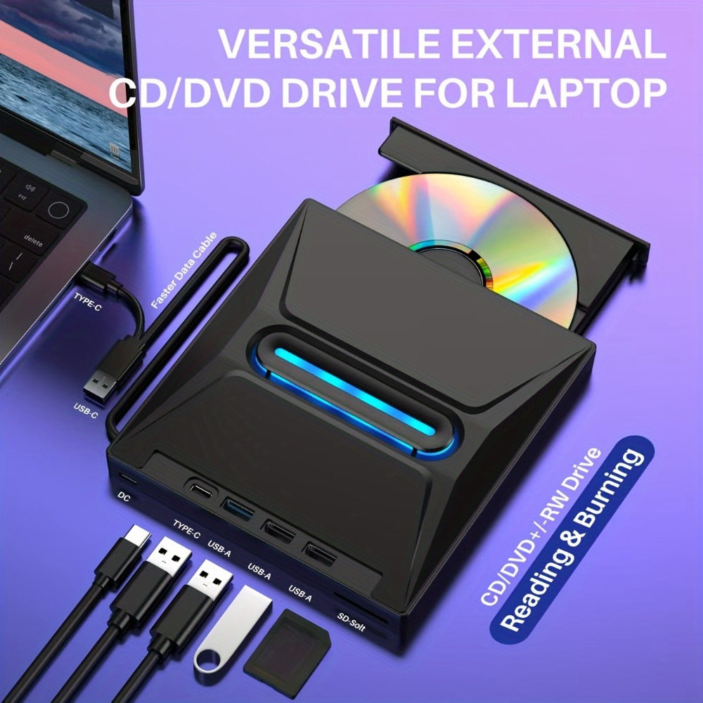 8-in-1 Luminous External CD DVD Drive USB 3.0 & Type-C - Portable CD/DVD±RW Burner Player Hub with 3 USB Ports