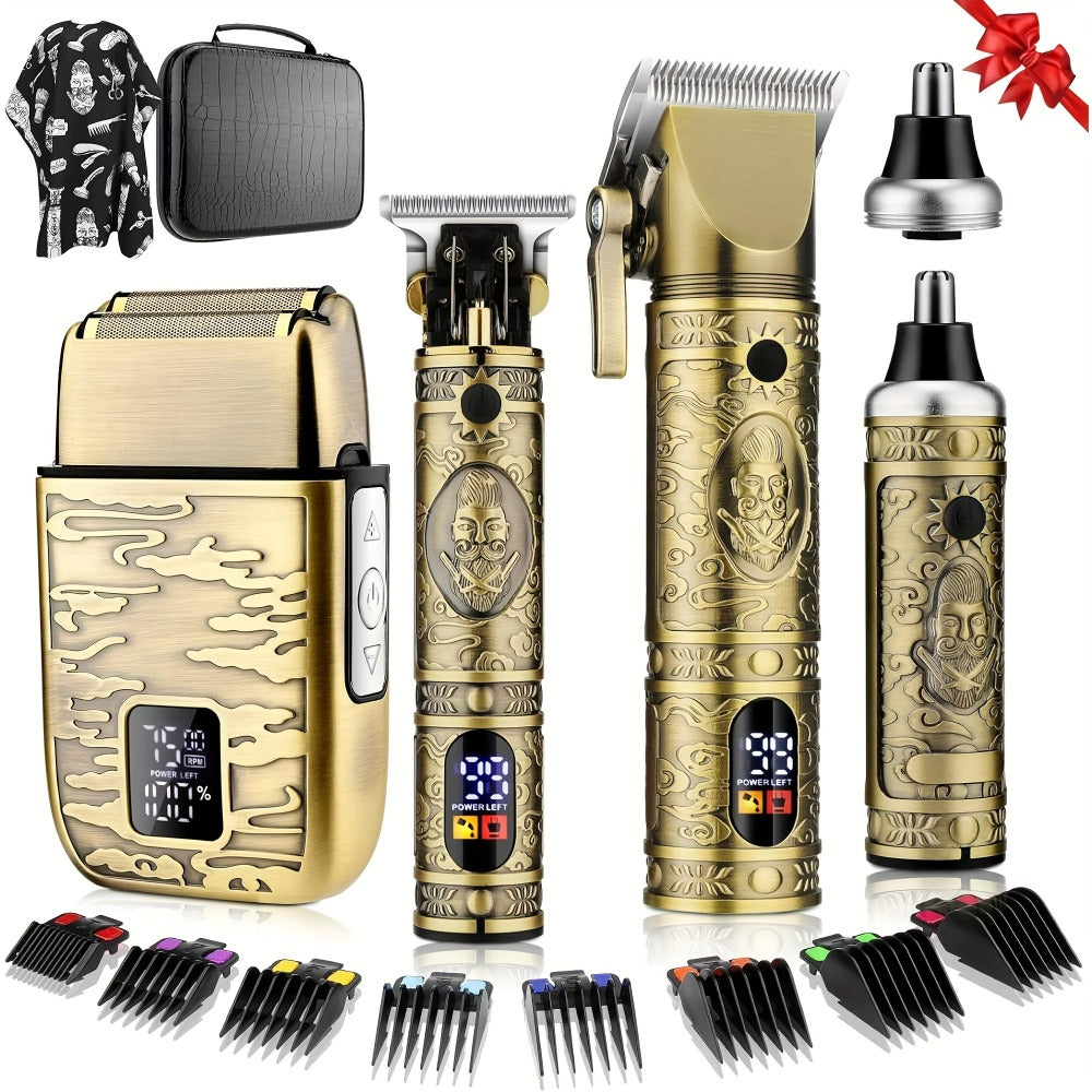 Cordless Hair Clipper & Trimmer Kit for Men – Professional Rechargeable Grooming Set, Golden Edition, Wireless Fade Clipper with USB Charge
