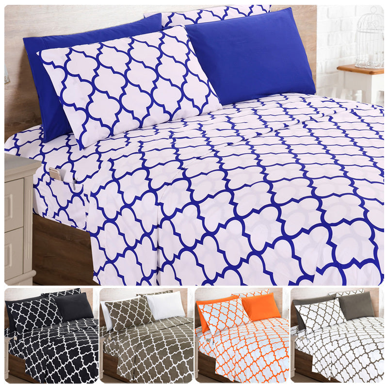 Bed Sheet Set Geometric Trellis Microfiber in Size-Dependent 4- or 6-Piece Configuration with 16-Inch Pocket