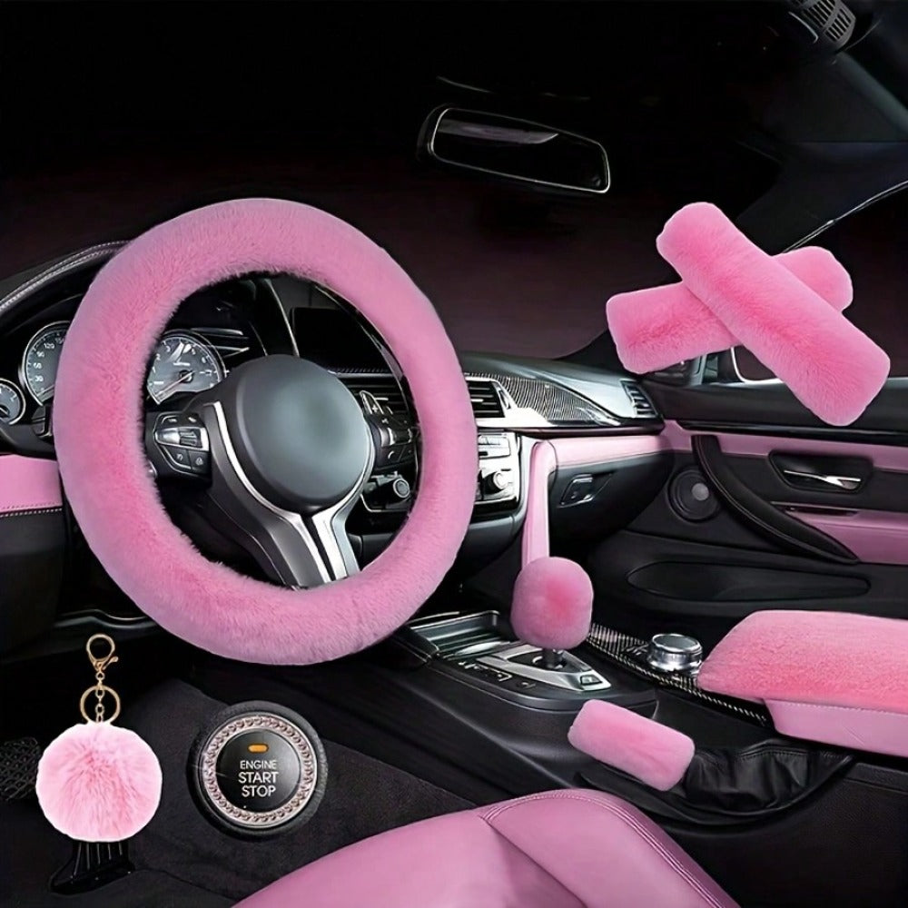 Plush Fluffy Steering Wheel Cover – Rex Rabbit Fur Texture, Universal Fit, 12 Colors (Black, Pink, Purple, Red & More)