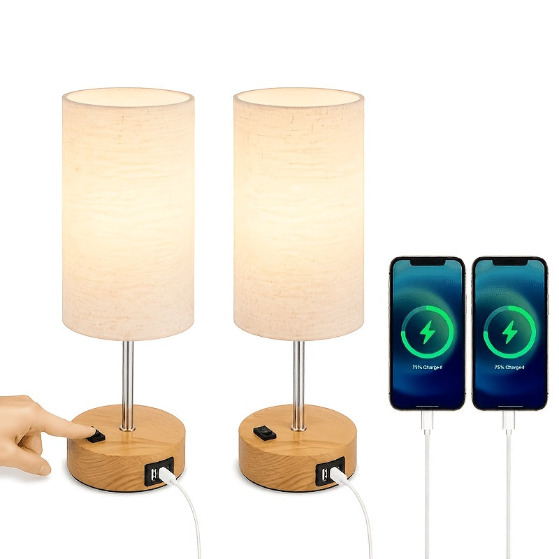 Table Lamp HOODINK with Cylindrical Shade, 3-Way Touch Dimming, USB-A, USB-C, AC Outlet and One or Two-Pack Options