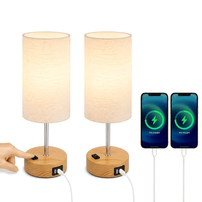 Table Lamp HOODINK with Cylindrical Shade, 3-Way Touch Dimming, USB-A, USB-C, AC Outlet and One or Two-Pack Options