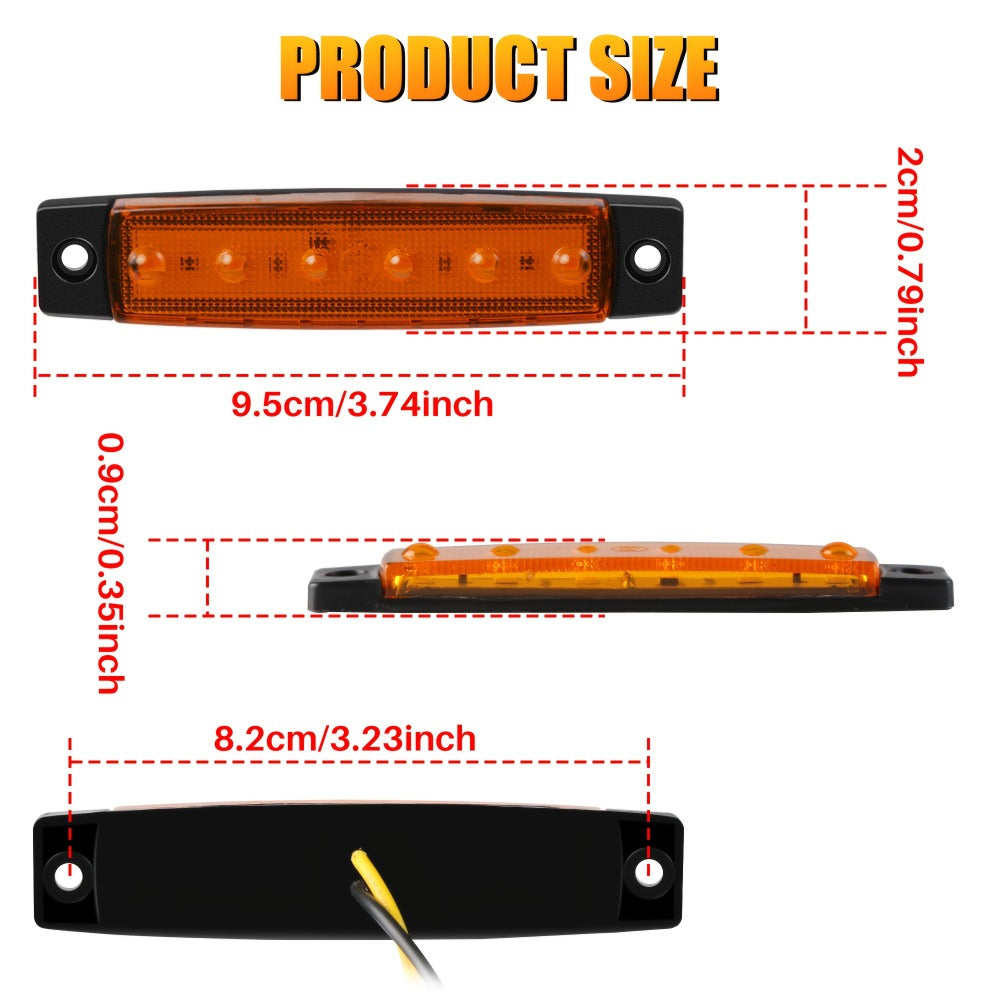 LED Side Marker Lights 20pcs 12V – 3.8" 6-LED Front Rear Indicator Lamps for Truck Trailer Lorry Bus Car | 10 Red & 10 Amber | High