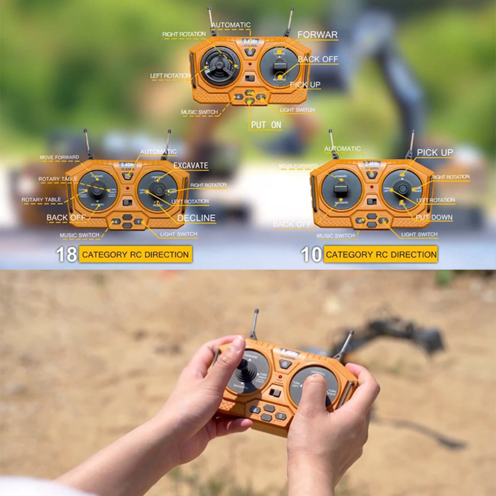 RC Construction Vehicle Toy Set 2.4GHz Remote Control Excavator Bulldozer Dump Truck Loader with Alloy Head LED Lights & Sounds