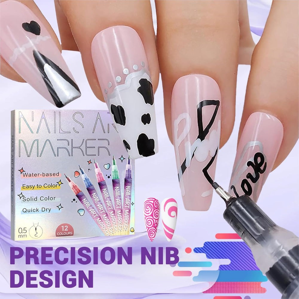 Nail Art Pens 12-Piece Water-Based Marker Set with 0.5mm Fine Tips for Lines and Small Decorative Details