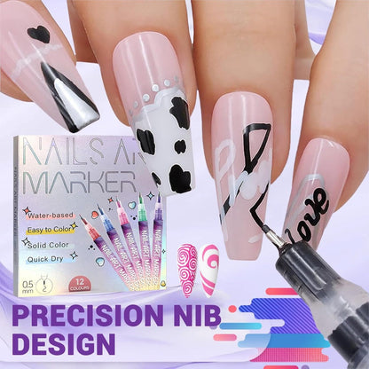 Nail Art Pens 12-Piece Water-Based Marker Set with 0.5mm Fine Tips for Lines and Small Decorative Details