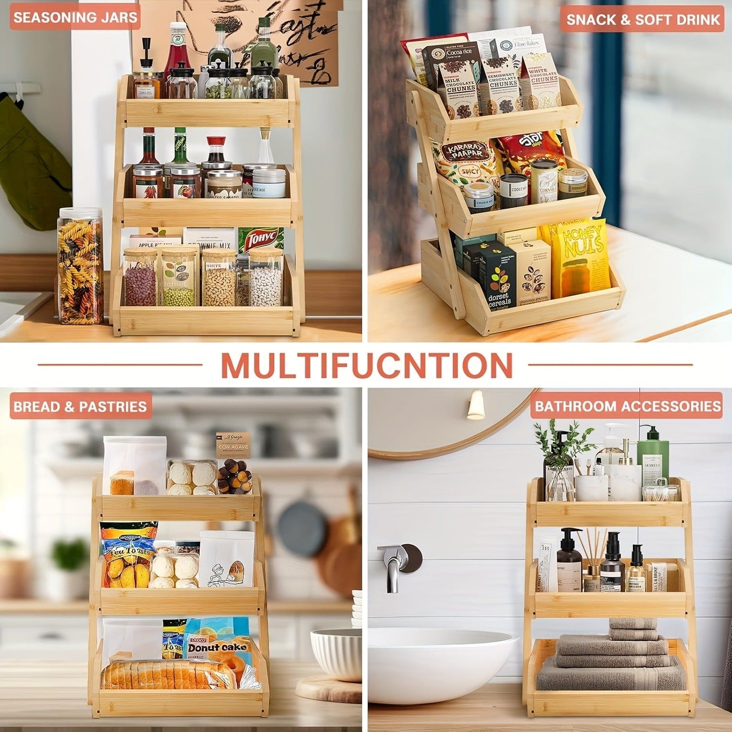 Fruit Basket Stand 2 & 3 Tier Wooden Countertop Organizer Large Capacity Kitchen Storage for Fruits Vegetables Bread Produce with Banana