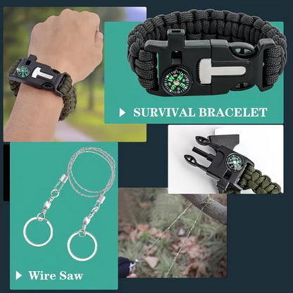Emergency Survival Kit with MOLLE-Style Bag, Pictured Multi-Tool and First-Aid Assortment in Two Colors