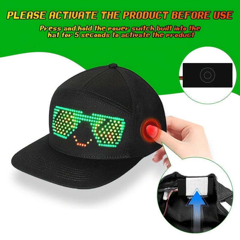 Programmable LED Hat with APP Control – Custom Text, Animation & Graffiti Display, USB Rechargeable, Adjustable Fit for Men & Women