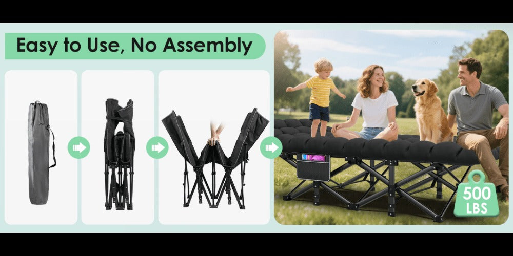 Folding Camping Cot Bed for Adults – Heavy Duty Double Layer Oxford Portable Camp Cot with Soft Pad & Carry Bag for Camping, Beach