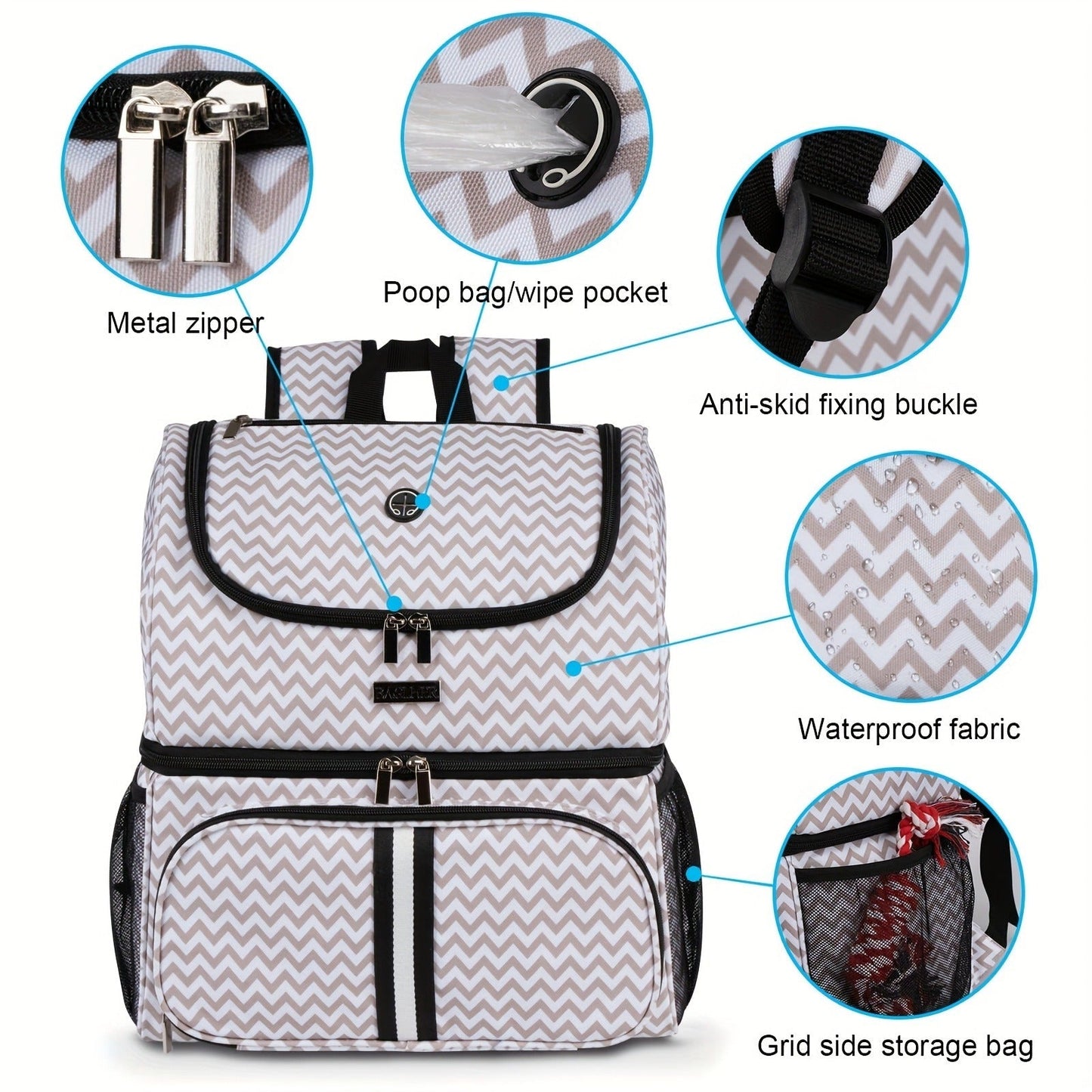 Pet Travel Backpack Double Layer Dog Cat Supplies Bag with 2 Collapsible Bowls 2 Food Baskets Portable Organizer for Outdoor Hiking Camping