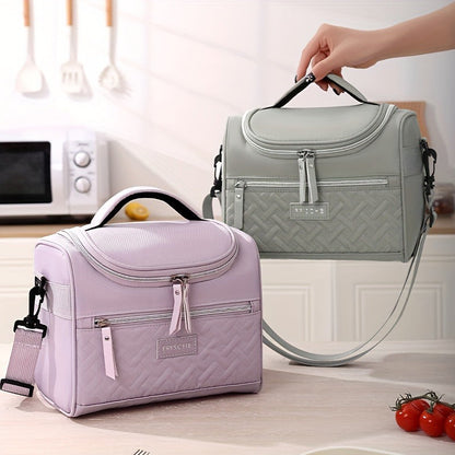 Quilted Lunch Bag Tote with Dual Zippers, Front and Side Pockets, Shoulder Strap and Four Colors