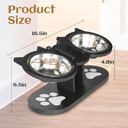Elevated Cat Bowl Stand with Tilted Stainless Steel Bowls – Adjustable Raised Feeder, Anti-Spill, Black Wood Base for Cats & Small Dogs