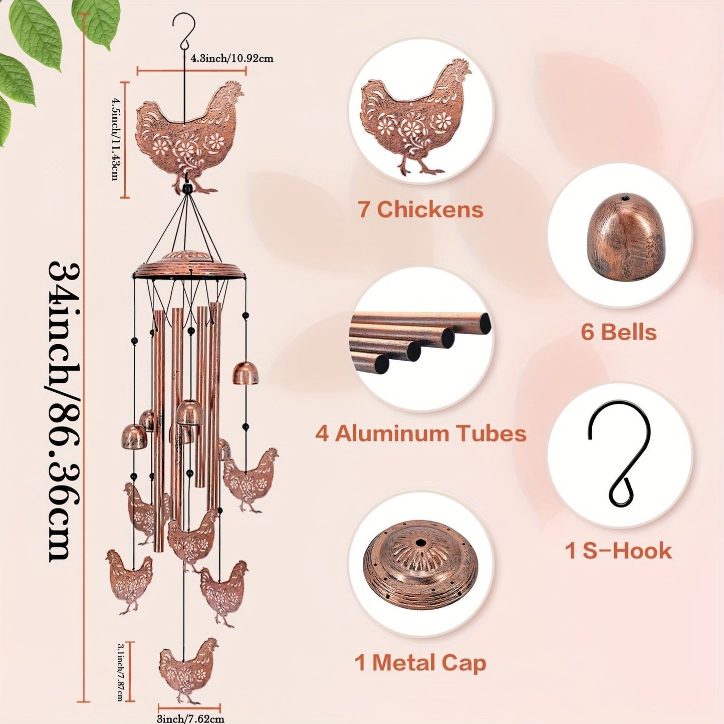 Wind Chime Outdoor Chicken Farmhouse Decor – Aluminum Tube Soothing Sound Garden Porch Patio Hanging Ornament