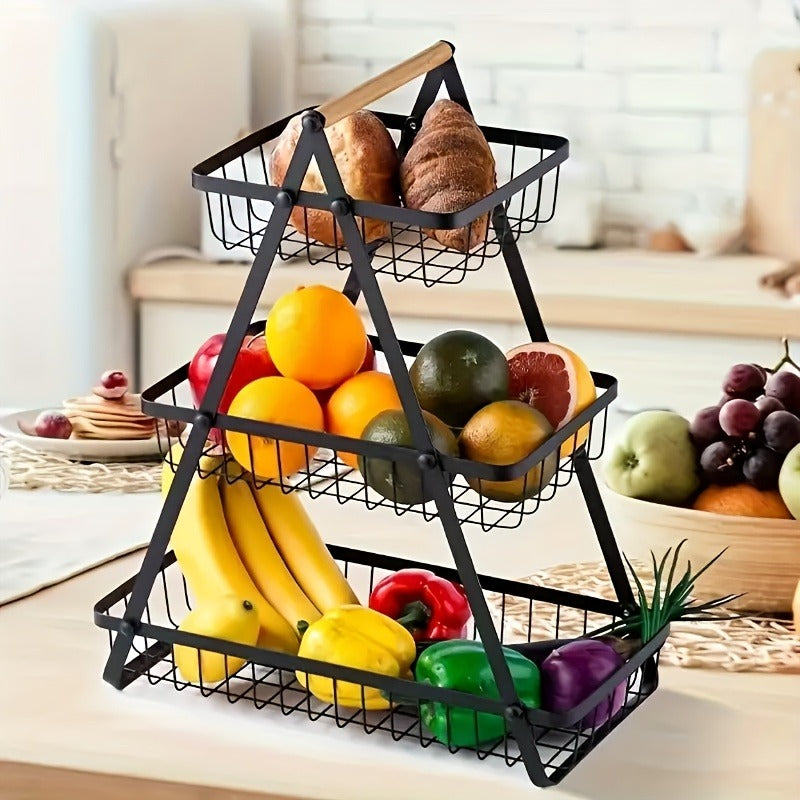 Fruit Basket Kitchen Organizer 2 or 3 Tier Metal Stand with Removable Wooden Handles for Countertop