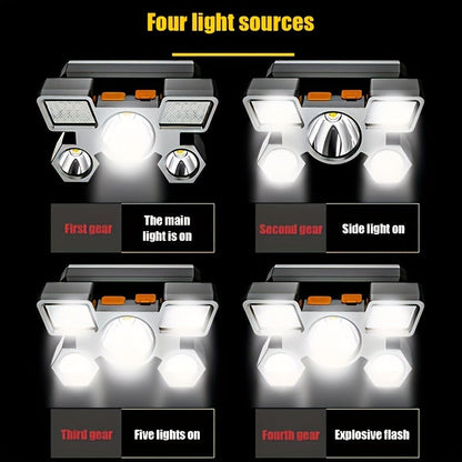 Two-Pack Rechargeable Headlamps with Five LEDs, Four Modes, 90° Tilt, IP44 Marking and Two USB Cables