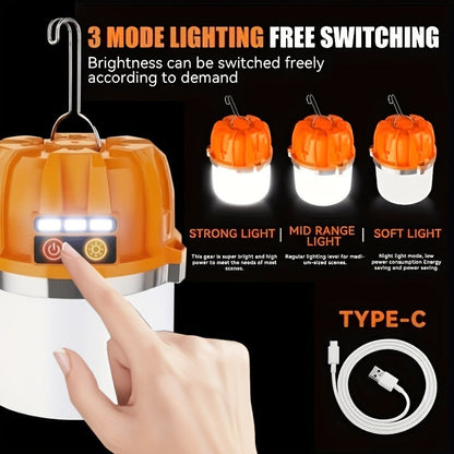 Orange Hanging Camping Lantern with Three Brightness Settings, Type-C Charging Port and Integrated Hook