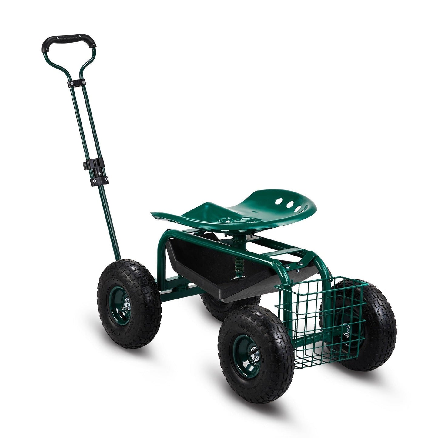 Rolling Garden Seat Cart, Backrest, Cushion, Telescopic Handle & Storage Basket, Steel Frame