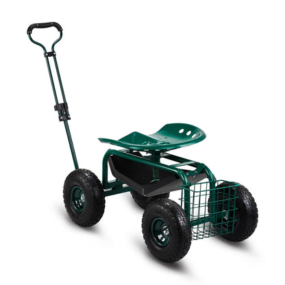 Rolling Garden Seat Cart, Backrest, Cushion, Telescopic Handle & Storage Basket, Steel Frame