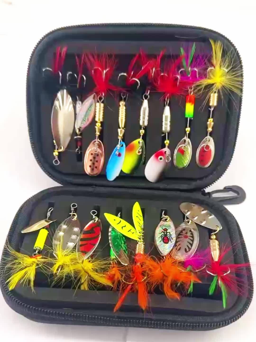 Fishing Lure Set 16-Piece Metal Spinner Spoon Baits with Feathered Single Hooks, Mixed Colors and Zipper Storage Case