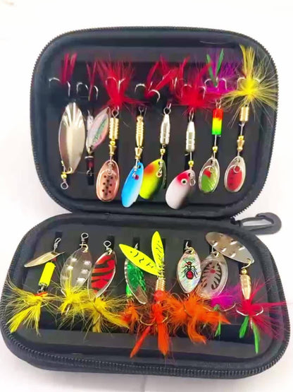 Fishing Lure Set 16-Piece Metal Spinner Spoon Baits with Feathered Single Hooks, Mixed Colors and Zipper Storage Case