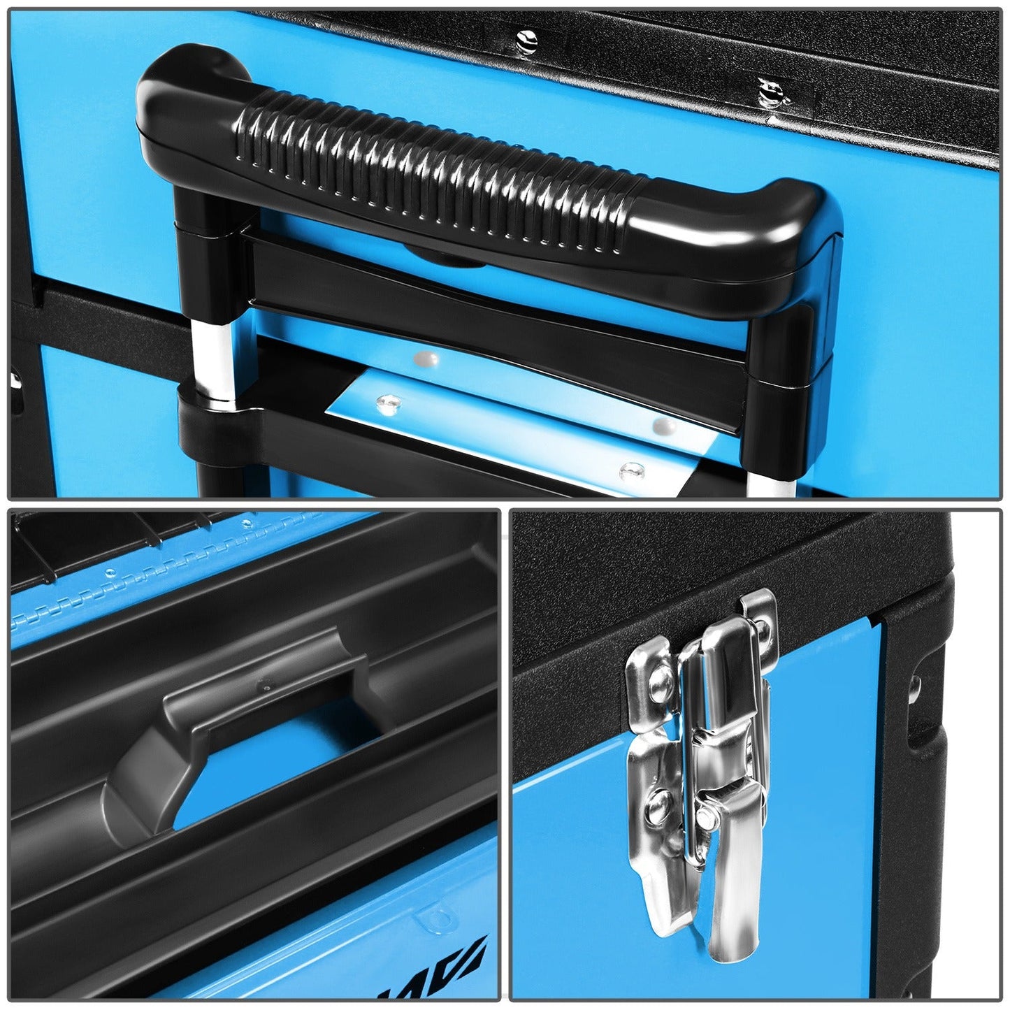 Rolling Tool Box 3-Tier Stackable Portable Toolbox with Wheels 19.5x12x28.5 Inch Steel PP 3-in-1 Detachable Compartments Metal Latches