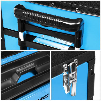 Rolling Tool Box 3-Tier Stackable Portable Toolbox with Wheels 19.5x12x28.5 Inch Steel PP 3-in-1 Detachable Compartments Metal Latches