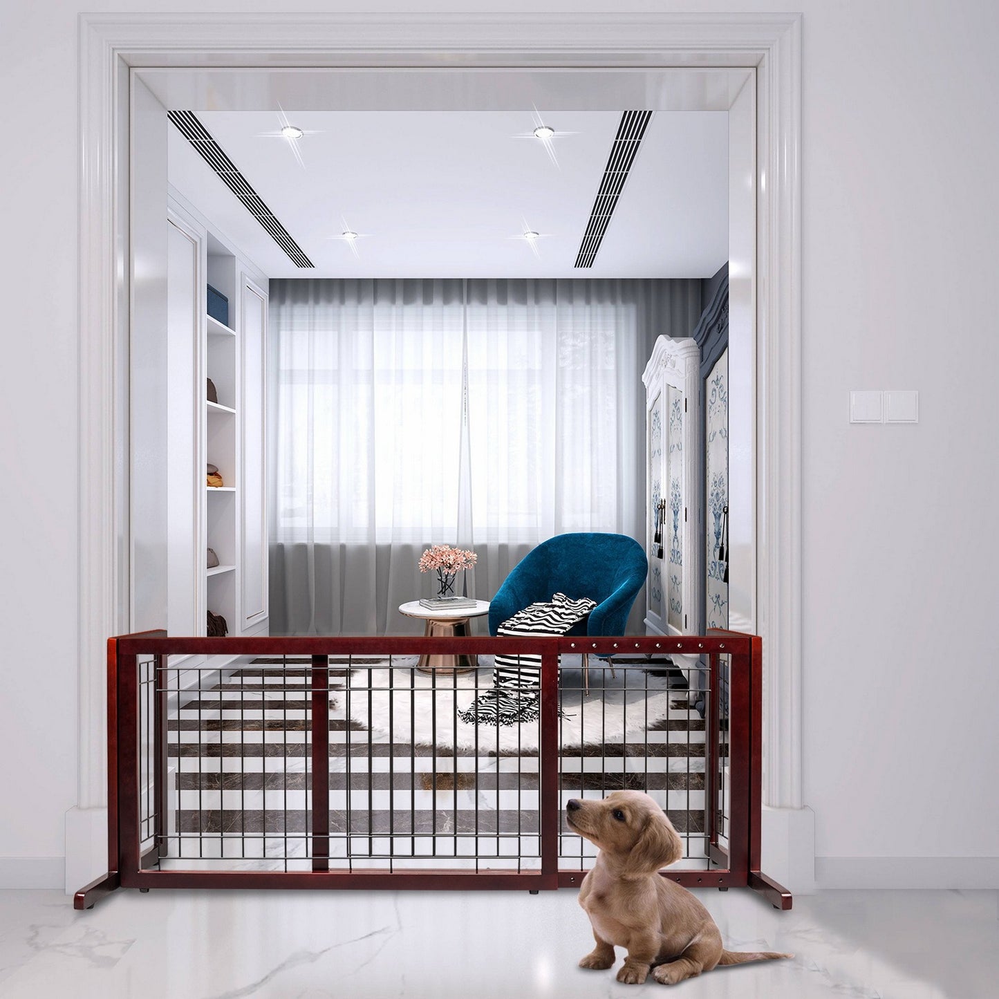 Freestanding Pet Gate for Dogs & Cats – Solid Wood Dog Gate for House, Adjustable 40" to 71" Wide, Indoor Dog Fence for Doorways Stairs