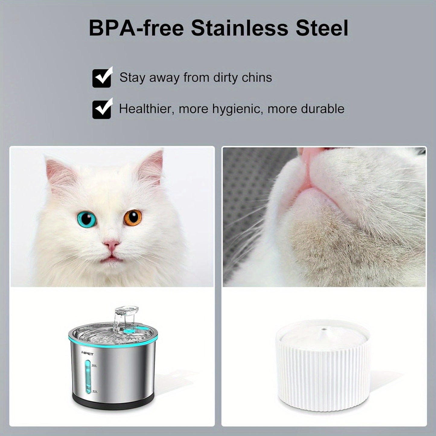 Cat Water Fountain Stainless Steel 50oz/1.5L – Ultra Quiet Auto Pet Water Dispenser with LED Light, Visible Window & Dishwasher Safe