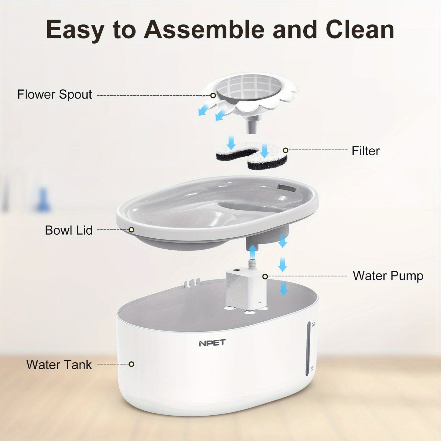 Automatic Pet Water Fountain 2L / 67oz – Ultra-Quiet Pump, Visible Water Level Window, Cat & Dog Water Dispenser, Safe BPA-Free Design