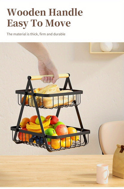 Two-Tier Black Wire Fruit Basket with Wood-Look Carry Handle and 12.2-Inch Countertop Frame