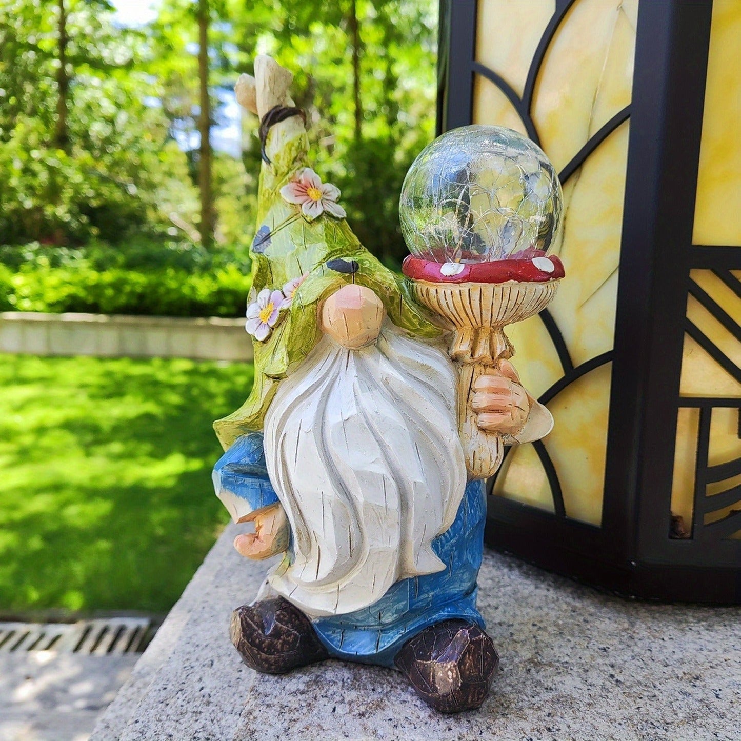 Solar Garden Gnome Statue with LED Magical Ball Light Outdoor Resin Dwarf Sculpture IP44 Waterproof Spring Yard Patio Decor Housewarming