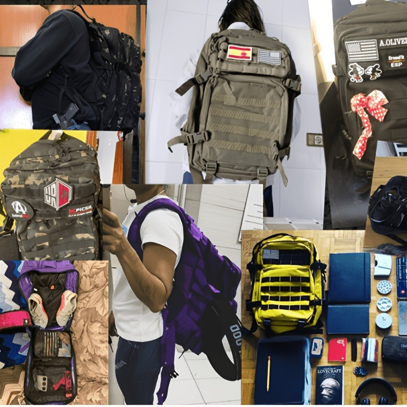 45L-Labeled Tactical Backpack with Front Utility Pockets and Black, Green, Khaki or Purple Options