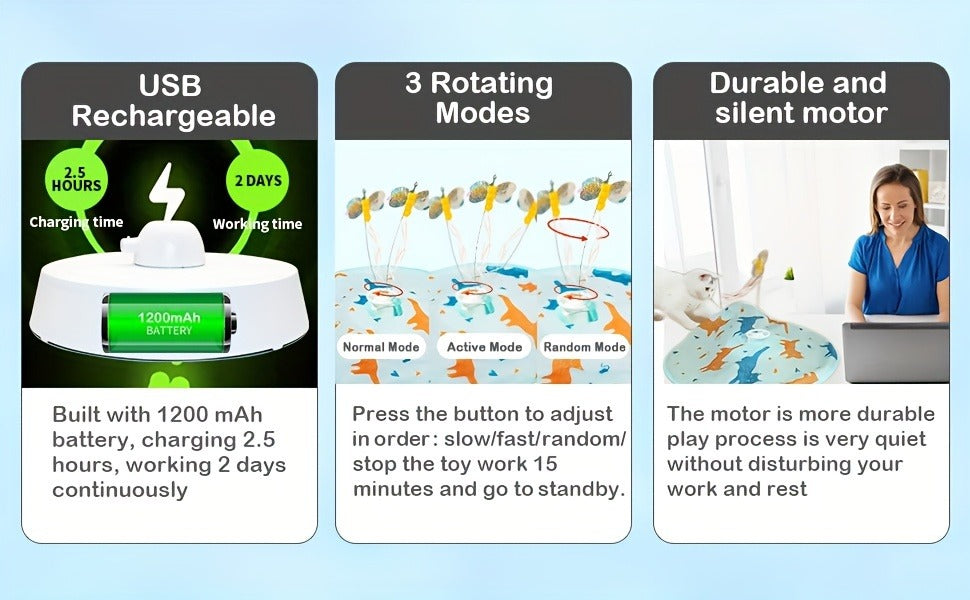 Interactive Cat Toy Electric Motion Activated 2-in-1 Rotating Butterfly & Feather Wand – USB Rechargeable 1200mAh Auto Shut-Off 3 Speed
